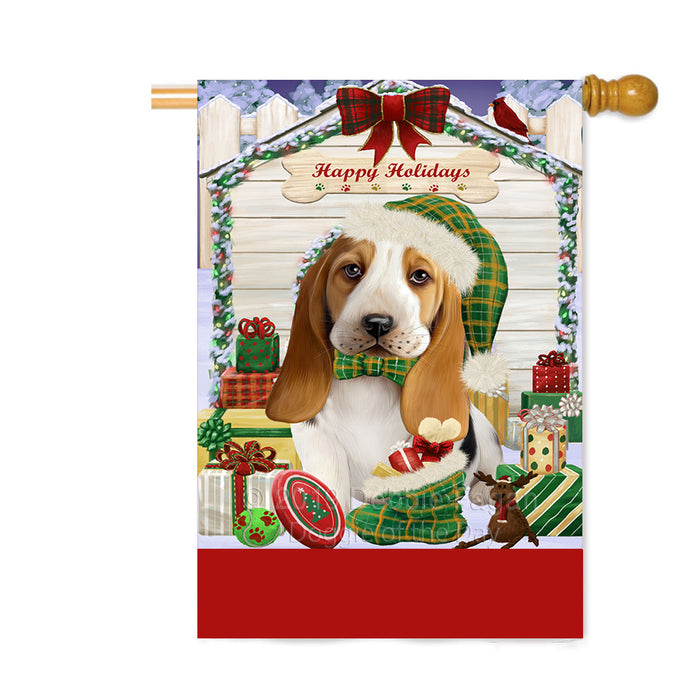 Personalized Happy Holidays Christmas Basset Hound Dog House with Presents Custom House Flag FLG-DOTD-A59327