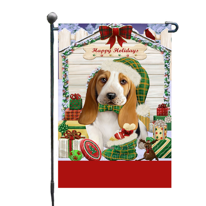 Personalized Happy Holidays Christmas Basset Hound Dog House with Presents Custom Garden Flags GFLG-DOTD-A59271