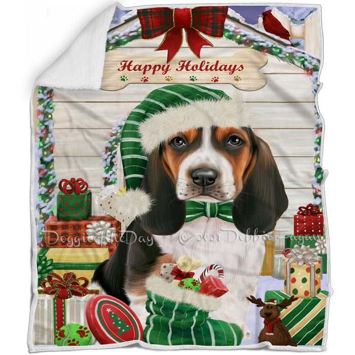 Happy Holidays Christmas Basset Hound Dog House with Presents Blanket BLNKT77970