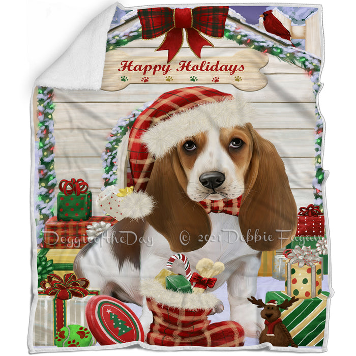 Happy Holidays Christmas Basset Hound Dog House with Presents Blanket BLNKT77979