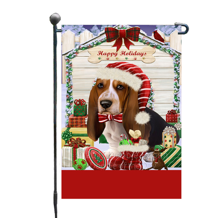 Personalized Happy Holidays Christmas Basset Hound Dog House with Presents Custom Garden Flags GFLG-DOTD-A59272
