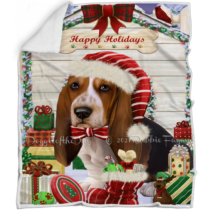 Happy Holidays Christmas Basset Hound Dog House with Presents Blanket BLNKT77988