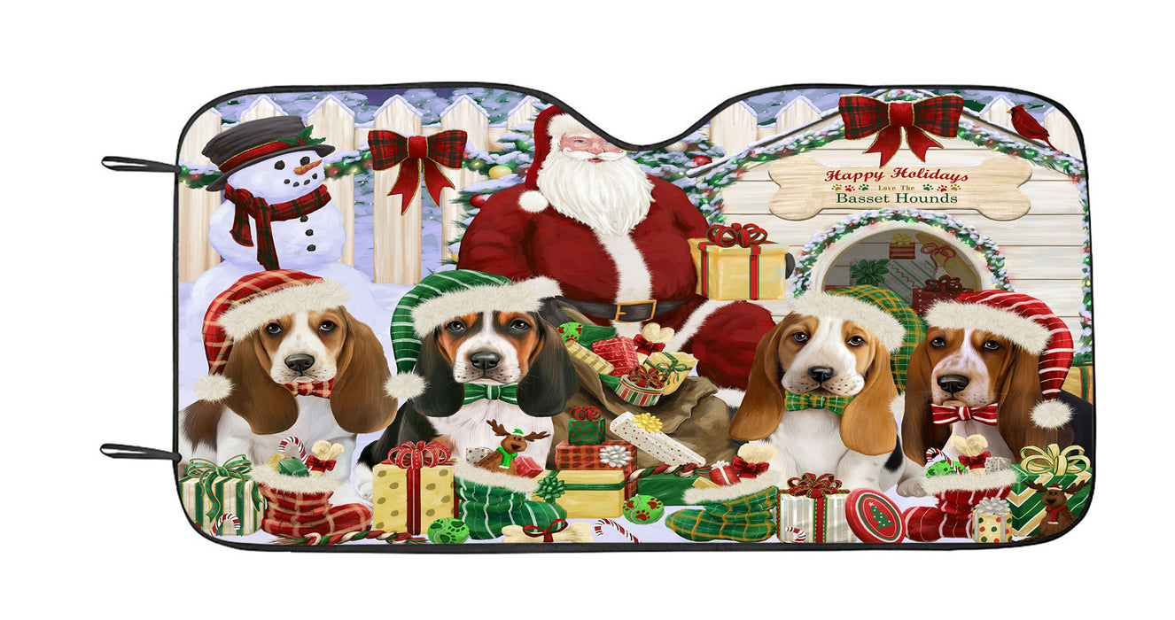 Happy Holidays Christmas Basset Hound Dogs House Gathering Car Sun Shade