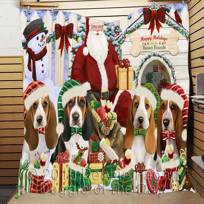 Happy Holidays Christmas Basset Hound Dogs House Gathering Quilt