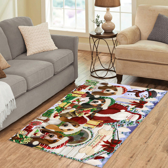 Happy Holidays Christma Basset Hound Dogs House Gathering Area Rug