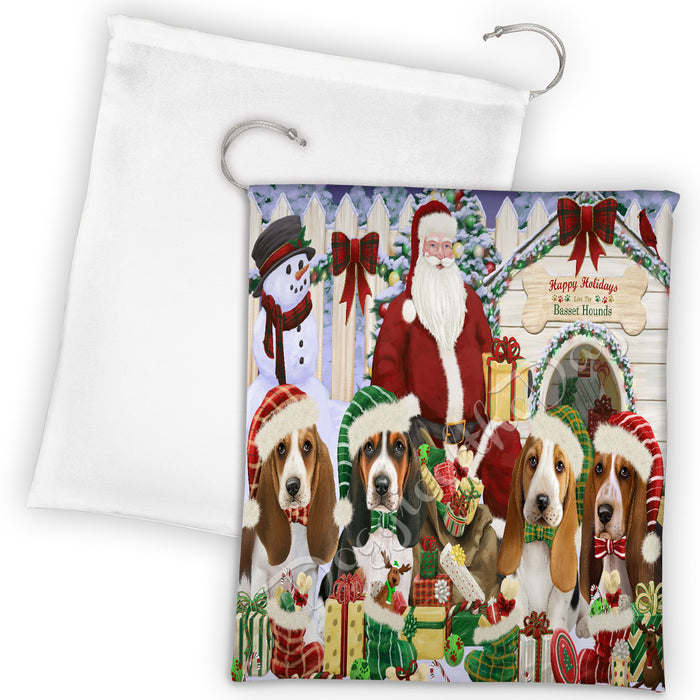 Happy Holidays Christmas Basset Hound Dogs House Gathering Drawstring Laundry or Gift Bag LGB48014