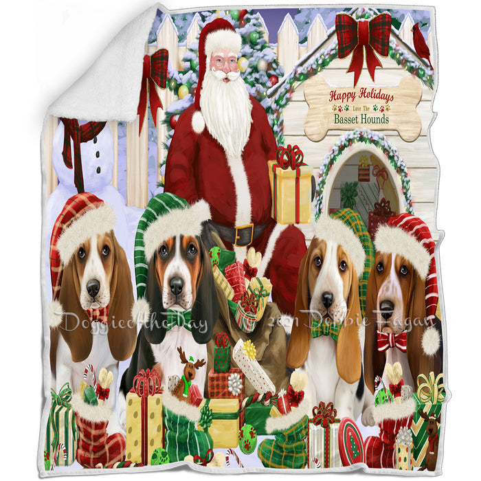 Happy Holidays Christmas Basset Hounds Dog House Gathering Blanket BLNKT77565