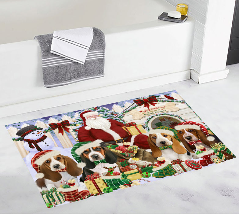 Happy Holidays Christma Basset Hound Dogs House Gathering Bath Mat