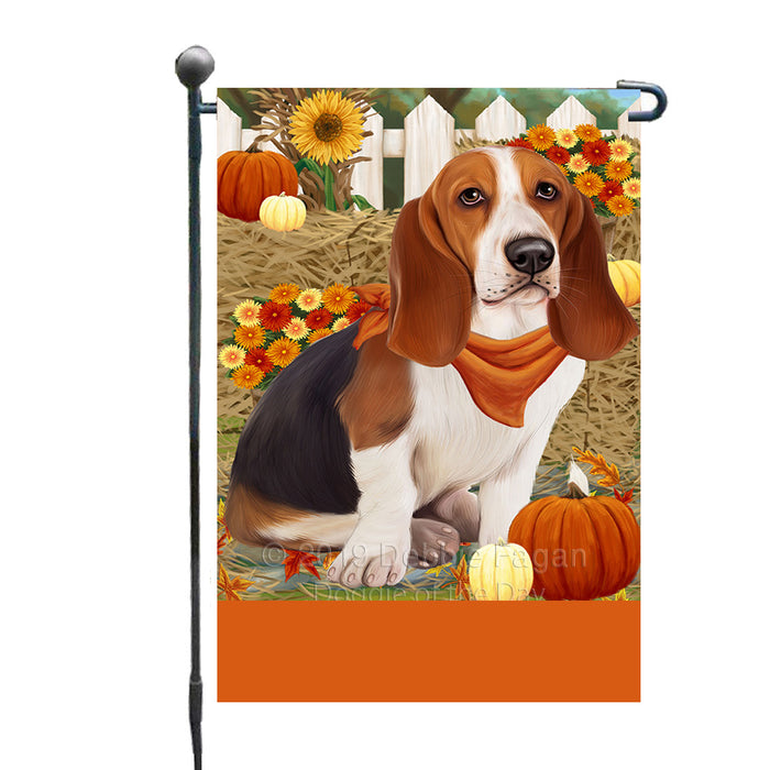 Personalized Fall Autumn Greeting Basset Hound Dog with Pumpkins Custom Garden Flags GFLG-DOTD-A61789