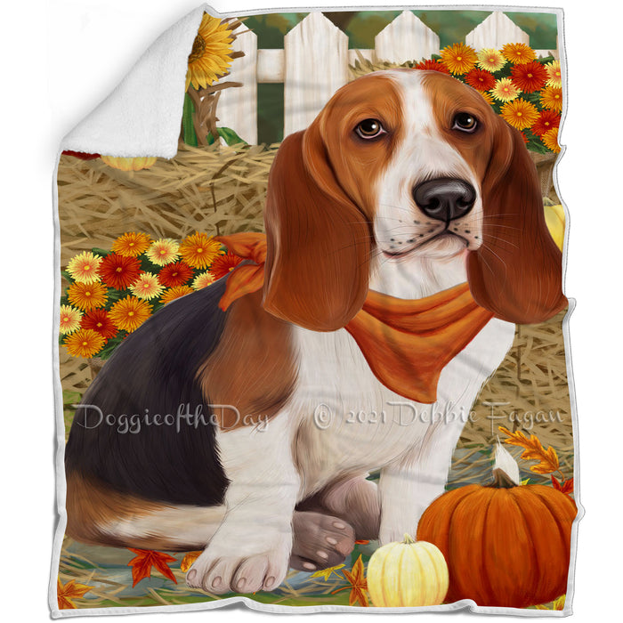 Fall Autumn Greeting Basset Hound Dog with Pumpkins Blanket BLNKT72183