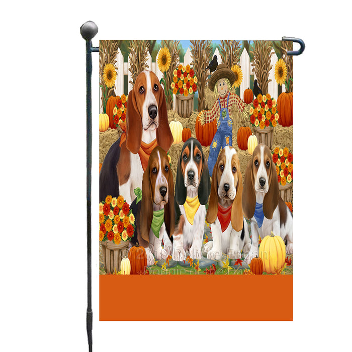 Personalized Fall Festive Gathering Basset Hound Dogs with Pumpkins Custom Garden Flags GFLG-DOTD-A61790