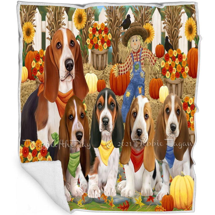 Fall Festive Gathering Basset Hounds Dog with Pumpkins Blanket BLNKT71670