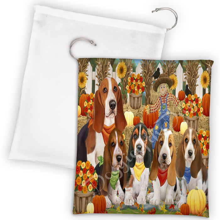 Fall Festive Harvest Time Gathering Basset Hound Dogs Drawstring Laundry or Gift Bag LGB48372