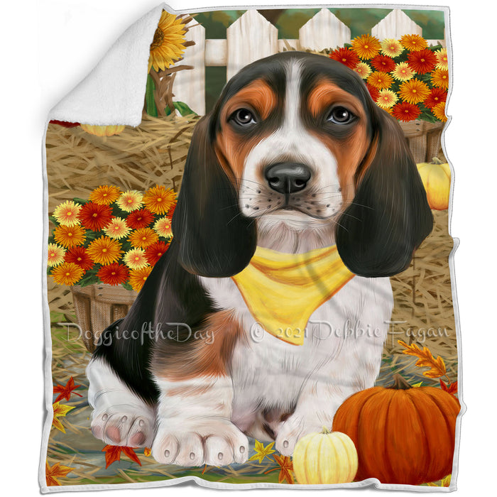 Fall Autumn Greeting Basset Hound Dog with Pumpkins Blanket BLNKT72192