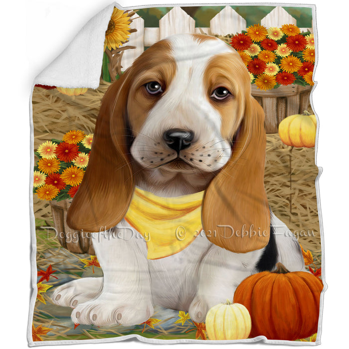 Fall Autumn Greeting Basset Hound Dog with Pumpkins Blanket BLNKT72201