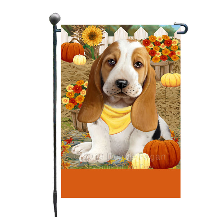 Personalized Fall Autumn Greeting Basset Hound Dog with Pumpkins Custom Garden Flags GFLG-DOTD-A61792