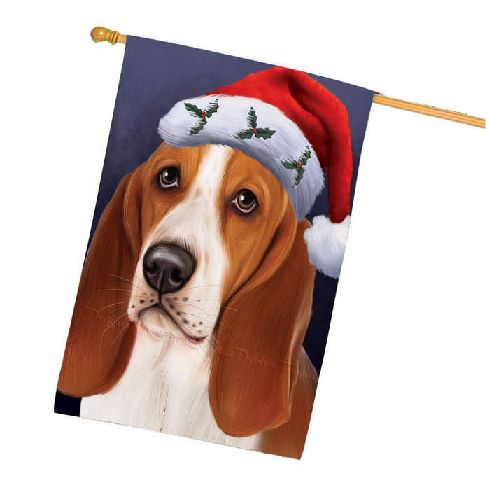 Christmas Santa Hat Basset Hound Dog House Flag Outdoor Decorative Double Sided Pet Portrait Weather Resistant Premium Quality Animal Printed Home Decorative Flags 100% Polyester