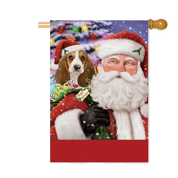 Personalized Santa Carrying Basset Hound Dog and Christmas Presents Custom House Flag FLG-DOTD-A63404