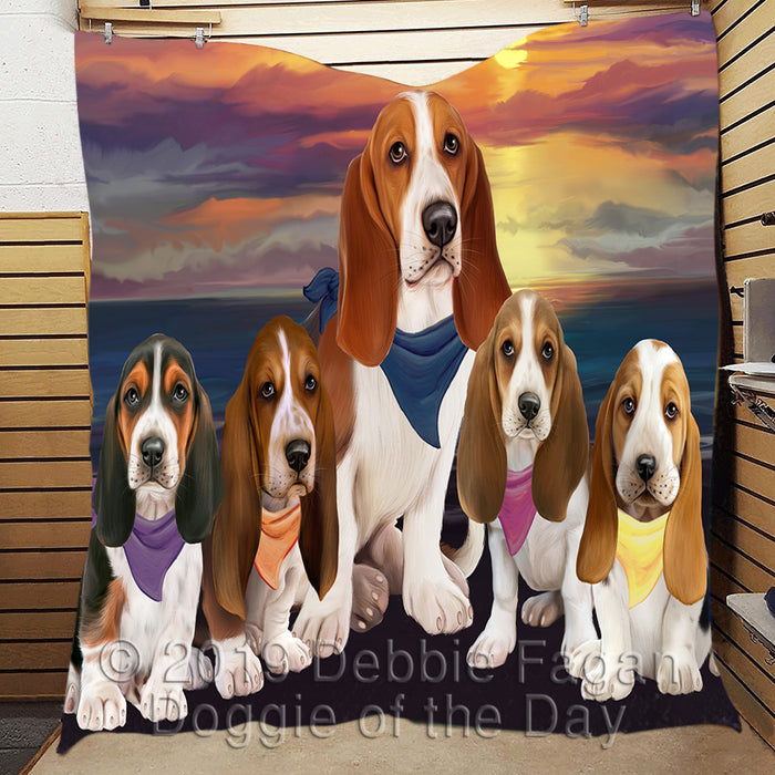 Family Sunset Portrait Basset Hound Dogs Quilt