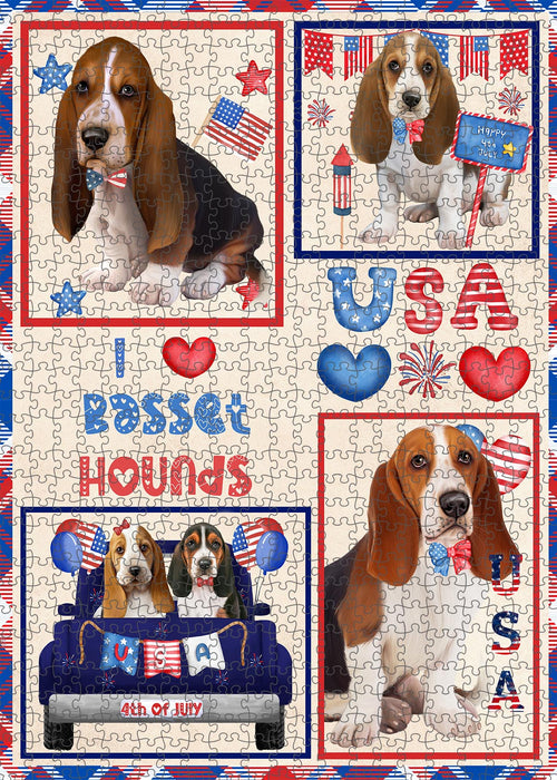 4th of July Independence Day I Love USA Basset Hound Dogs Portrait Jigsaw Puzzle for Adults Animal Interlocking Puzzle Game Unique Gift for Dog Lover's with Metal Tin Box