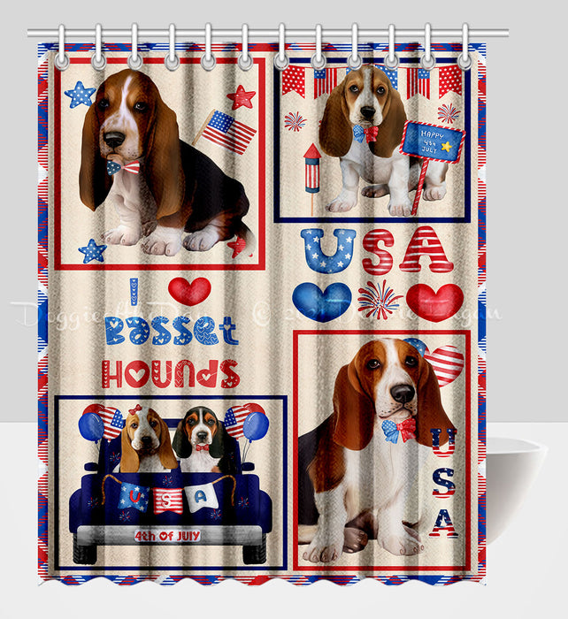 4th of July Independence Day I Love USA Basset Hound Dogs Shower Curtain Pet Painting Bathtub Curtain Waterproof Polyester One-Side Printing Decor Bath Tub Curtain for Bathroom with Hooks