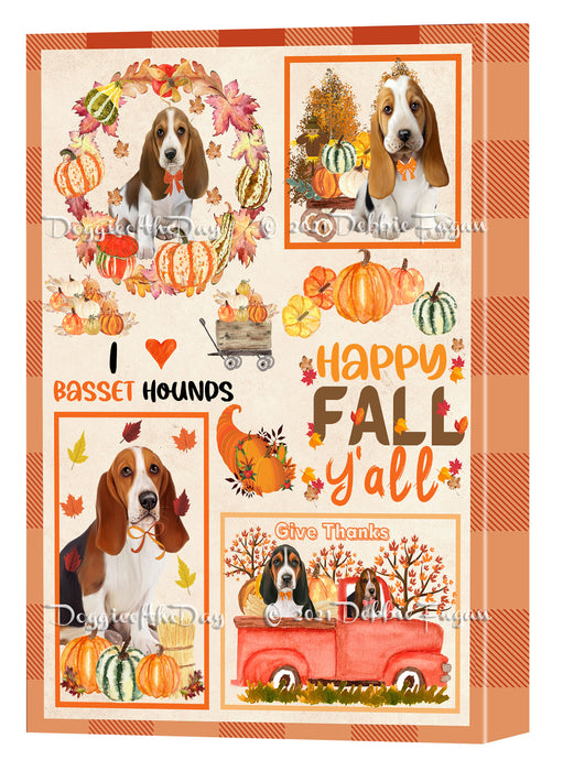 Happy Fall Y'all Pumpkin Basset Hound Dogs Canvas Wall Art - Premium Quality Ready to Hang Room Decor Wall Art Canvas - Unique Animal Printed Digital Painting for Decoration