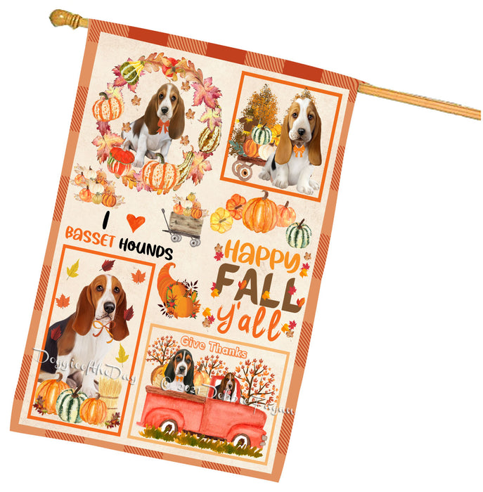 Happy Fall Y'all Pumpkin Basset Hound Dogs House Flag Outdoor Decorative Double Sided Pet Portrait Weather Resistant Premium Quality Animal Printed Home Decorative Flags 100% Polyester