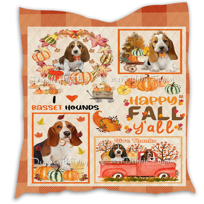 Happy Fall Y'all Pumpkin Basset Hound Dogs Quilt Bed Coverlet Bedspread - Pets Comforter Unique One-side Animal Printing - Soft Lightweight Durable Washable Polyester Quilt