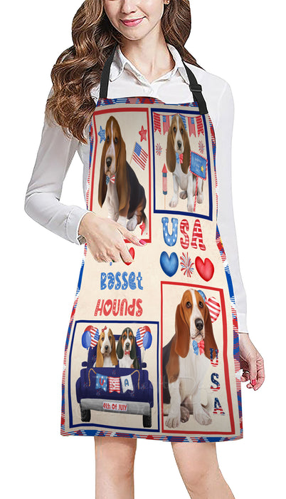 4th of July Independence Day I Love USA Basset Hound Dogs Apron - Adjustable Long Neck Bib for Adults - Waterproof Polyester Fabric With 2 Pockets - Chef Apron for Cooking, Dish Washing, Gardening, and Pet Grooming