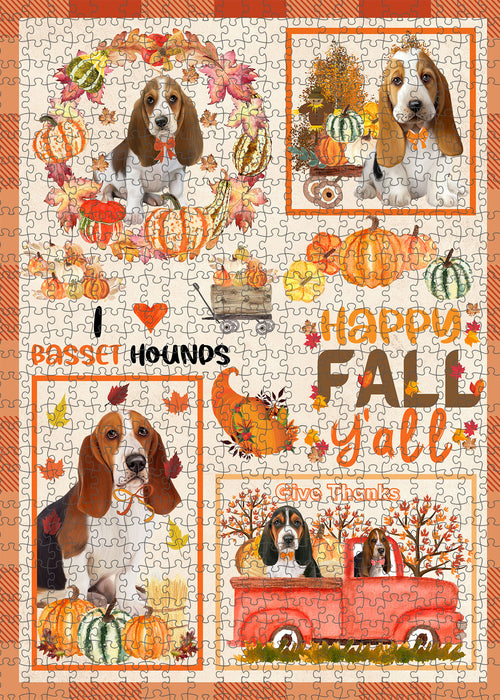 Happy Fall Y'all Pumpkin Basset Hound Dogs Portrait Jigsaw Puzzle for Adults Animal Interlocking Puzzle Game Unique Gift for Dog Lover's with Metal Tin Box