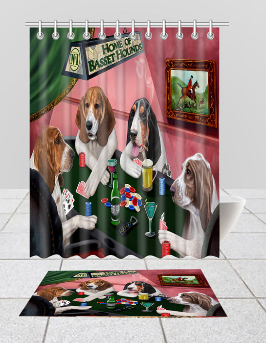 Home of  Basset Hound Dogs Playing Poker Bath Mat and Shower Curtain Combo