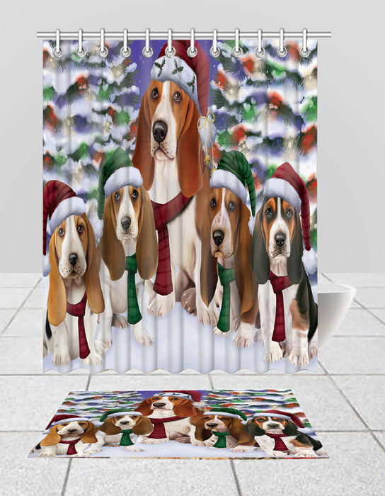 Basset Hound Dogs Christmas Family Portrait in Holiday Scenic Background  Bath Mat and Shower Curtain Combo