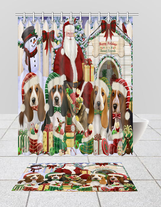 Happy Holidays Christmas Basset Hound Dogs House Gathering Bath Mat and Shower Curtain Combo
