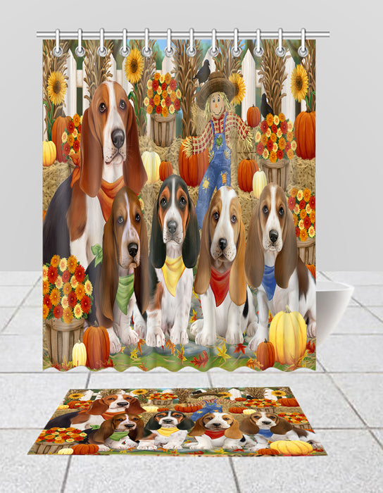Fall Festive Harvest Time Gathering Basset Hound Dogs Bath Mat and Shower Curtain Combo