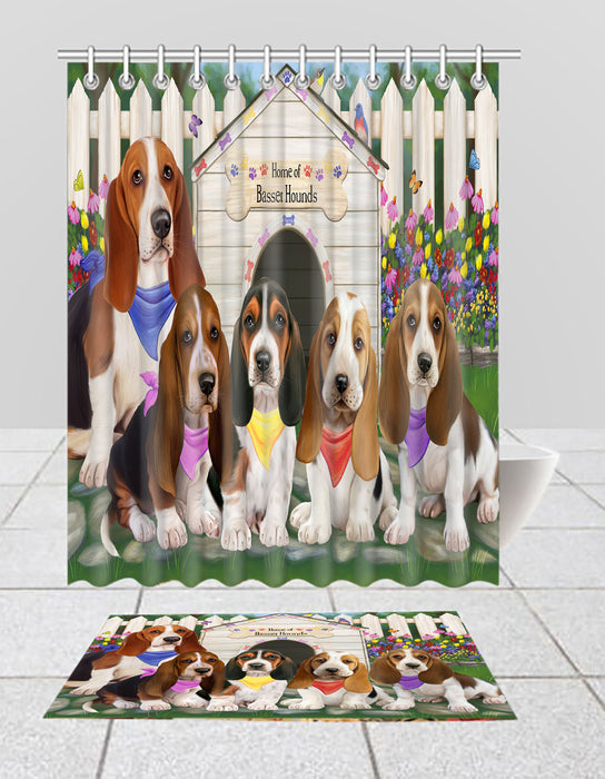 Spring Dog House Basset Hound Dogs Bath Mat and Shower Curtain Combo