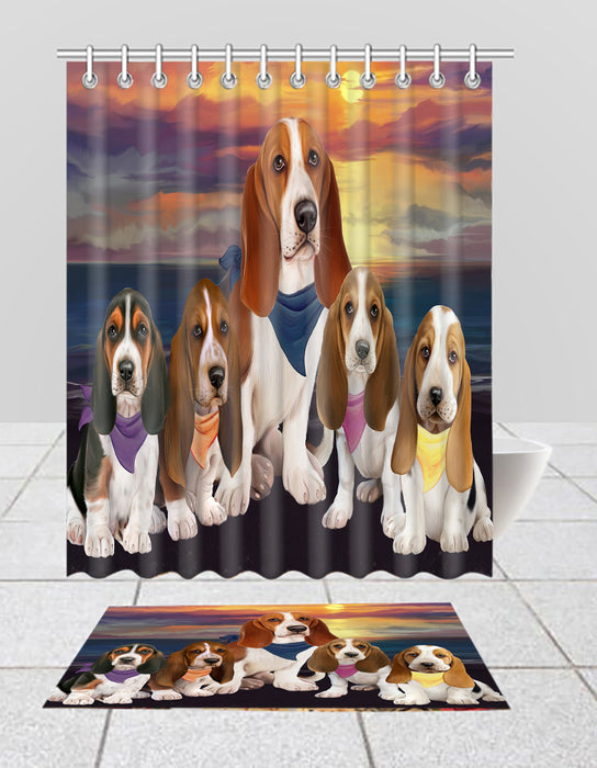 Family Sunset Portrait Basset Hound Dogs Bath Mat and Shower Curtain Combo