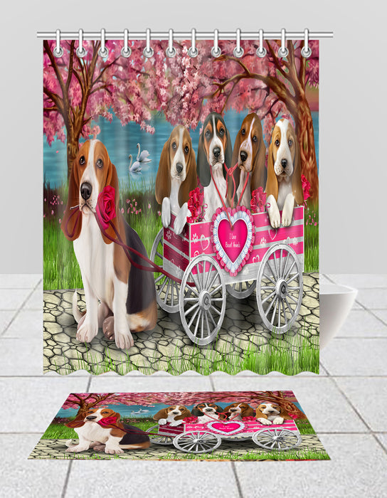 I Love Basset Hound Dogs in a Cart Bath Mat and Shower Curtain Combo