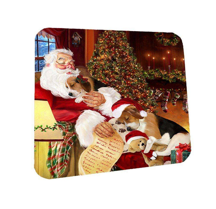 Beagle Dog and Puppies Sleeping with Santa Coasters Set of 4