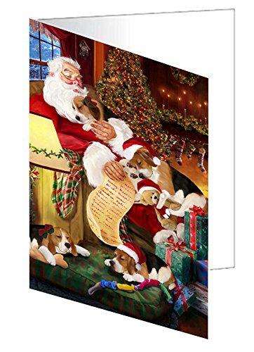 Beagle Dog and Puppies Sleeping with Santa Handmade Artwork Assorted Pets Greeting Cards and Note Cards with Envelopes for All Occasions and Holiday Seasons