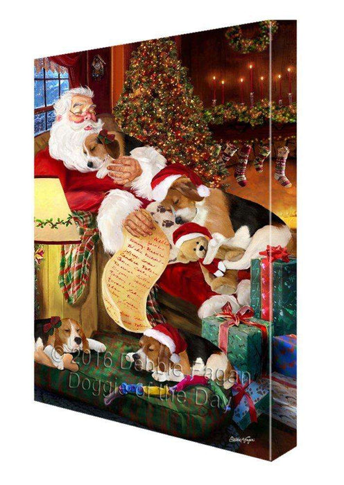 Beagle Dog and Puppies Sleeping with Santa Painting Printed on Canvas Wall Art Signed