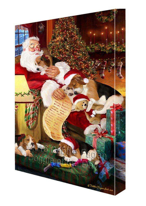 Beagle Dog and Puppies Sleeping with Santa Painting Printed on Canvas Wall Art