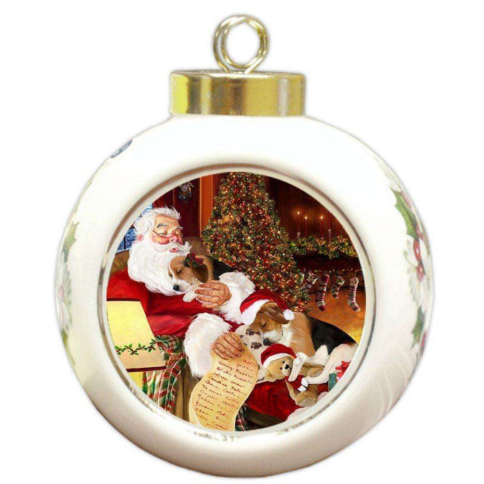 Beagle Dog and Puppies Sleeping with Santa Round Ball Christmas Ornament D418