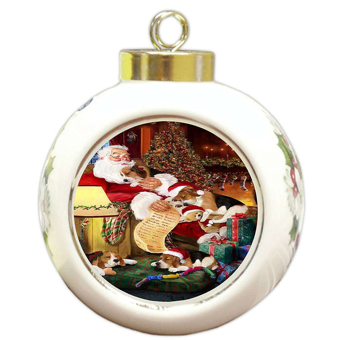Beagle Dog and Puppies Sleeping with Santa Round Ball Christmas Ornament