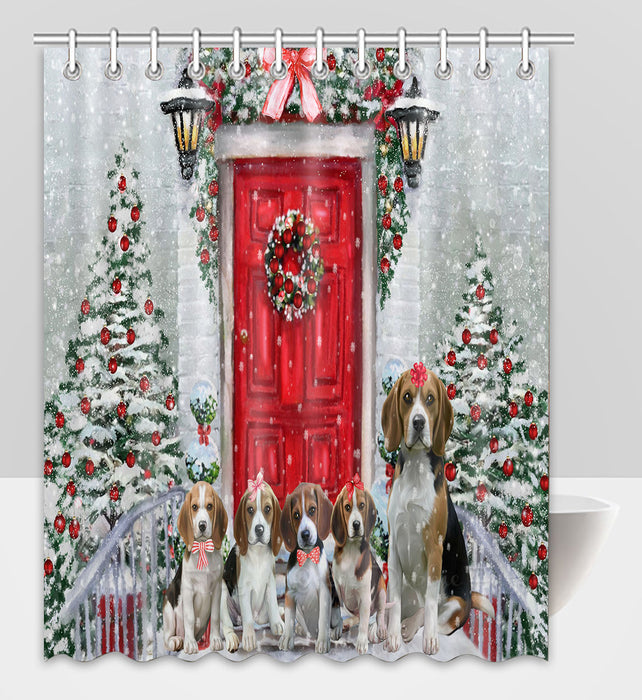 Christmas Holiday Welcome Beagle Dogs Shower Curtain Pet Painting Bathtub Curtain Waterproof Polyester One-Side Printing Decor Bath Tub Curtain for Bathroom with Hooks