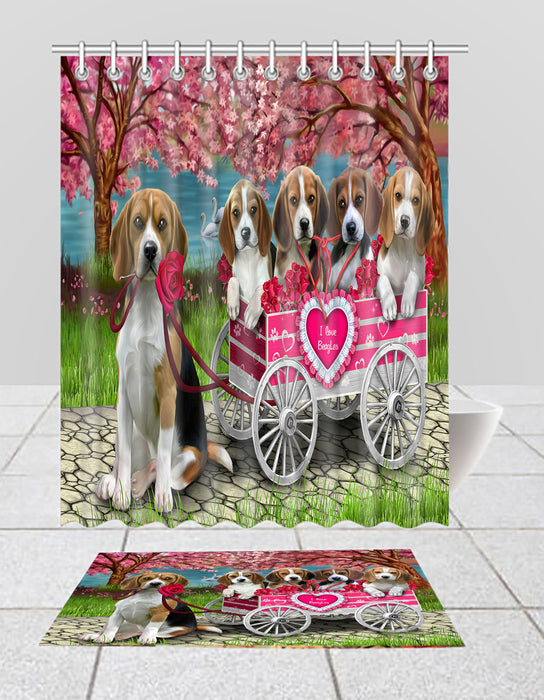I Love Beagle Dogs in a Cart Bath Mat and Shower Curtain Combo