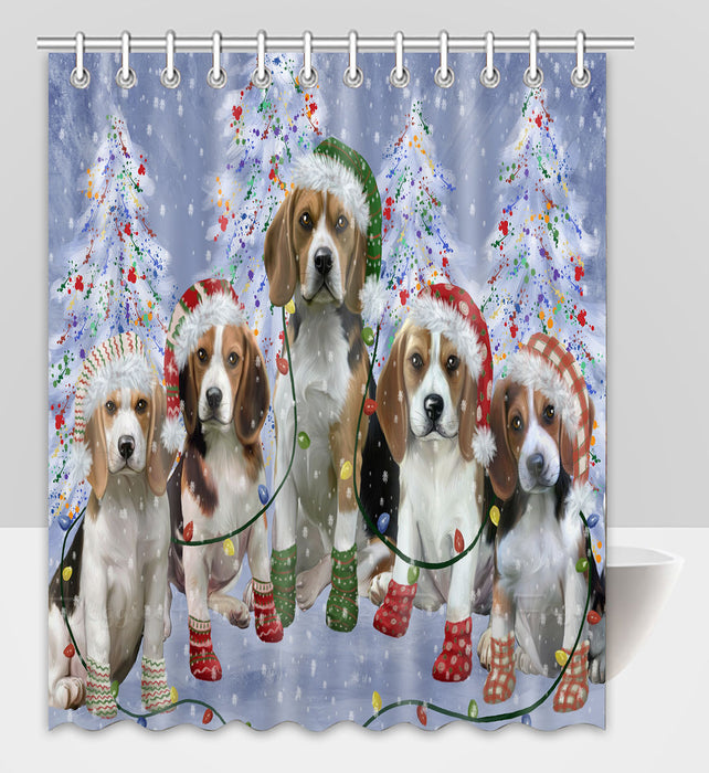 Christmas Lights and Beagle Dogs Shower Curtain Pet Painting Bathtub Curtain Waterproof Polyester One-Side Printing Decor Bath Tub Curtain for Bathroom with Hooks