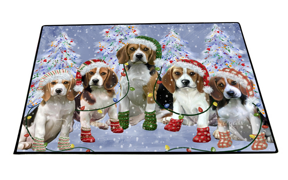 Christmas Lights and Beagle Dogs Floor Mat- Anti-Slip Pet Door Mat Indoor Outdoor Front Rug Mats for Home Outside Entrance Pets Portrait Unique Rug Washable Premium Quality Mat