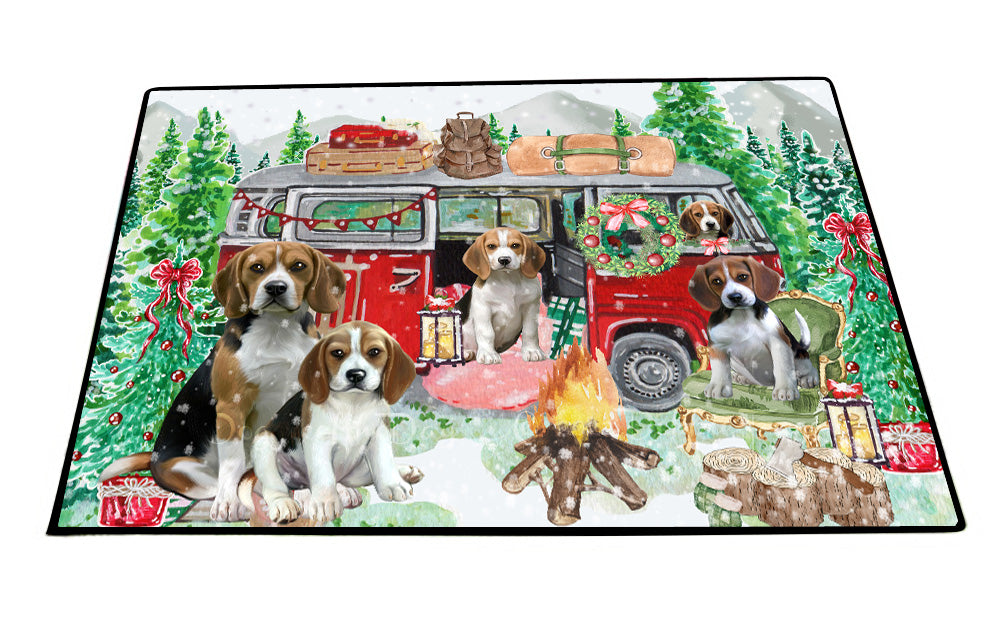 Christmas Time Camping with Beagle Dogs Floor Mat- Anti-Slip Pet Door Mat Indoor Outdoor Front Rug Mats for Home Outside Entrance Pets Portrait Unique Rug Washable Premium Quality Mat