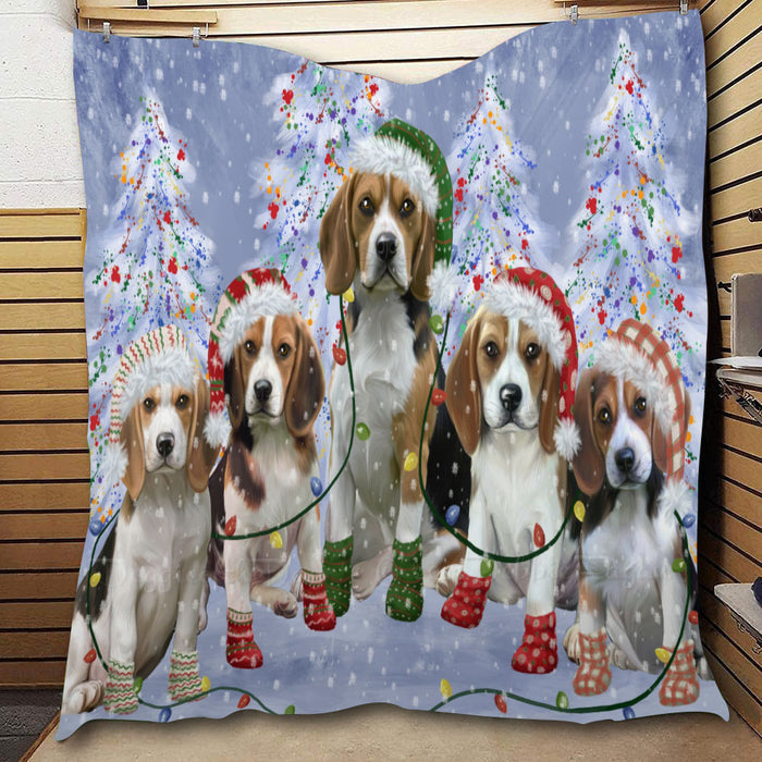 Christmas Lights and Beagle Dogs  Quilt Bed Coverlet Bedspread - Pets Comforter Unique One-side Animal Printing - Soft Lightweight Durable Washable Polyester Quilt