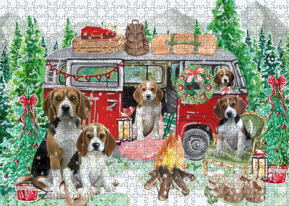 Christmas Time Camping with Beagle Dogs Portrait Jigsaw Puzzle for Adults Animal Interlocking Puzzle Game Unique Gift for Dog Lover's with Metal Tin Box